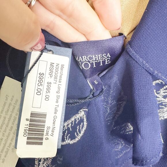 Marchesa Notte Floral Midi Dress Embroidered Long-Sleeve Tulle Navy Blue Size 6 - Picture 9 of 11